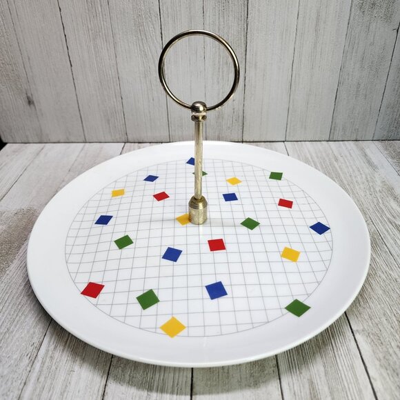 Vintage Japanese Checkered Tiled Decor Serving Tray Platter with Metal Handle - Picture 1 of 10